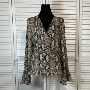 HYFVE Boho Brown Snake Print Flared Long Sleeve Wrap Blouse Women L